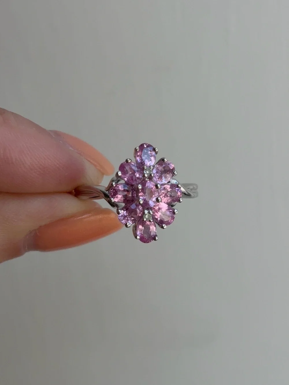 10k White Gold Diamond Pink Topaz Gemstone Cluster Cocktail Ring